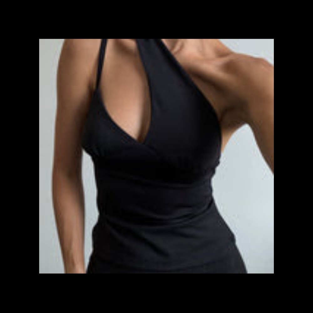 Uniform Person Sleeveless Black Asymmetric Halter Tank Top